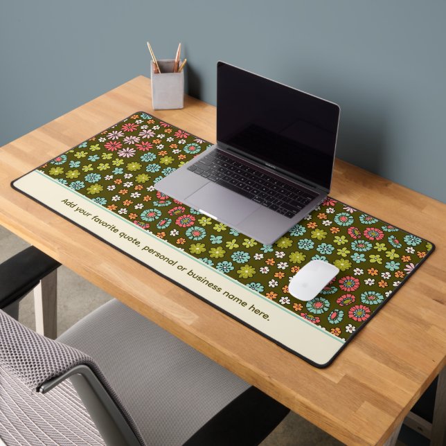 Retro Pink, Blue & Green Floral Custom Text Desk Mat (Office 2)