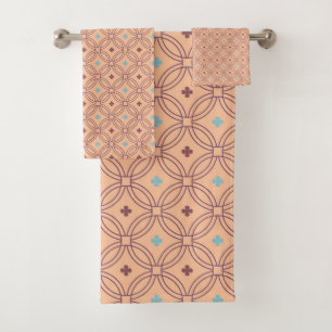 Retro Pink & Blue Interlocking Geometric Pattern Bath Towel Set