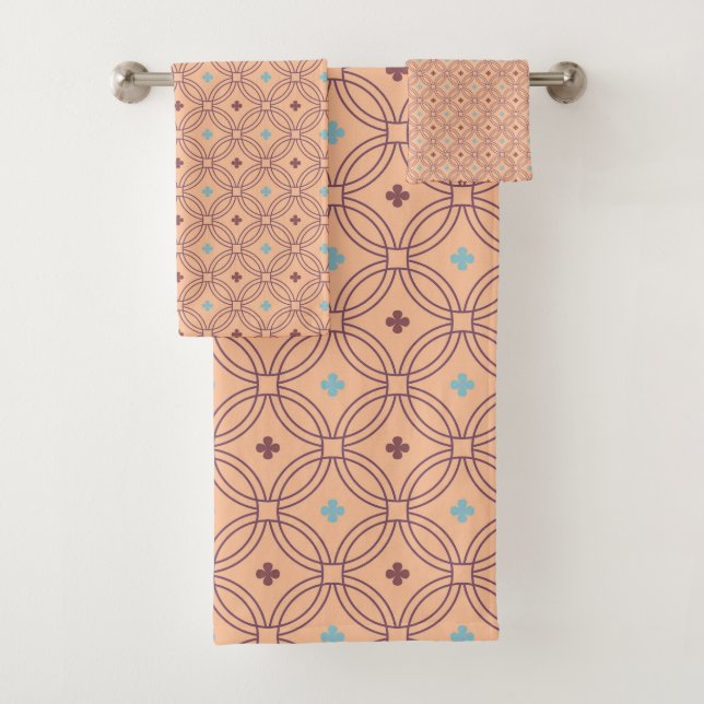 Retro Pink & Blue Interlocking Geometric Pattern Bath Towel Set (Insitu)
