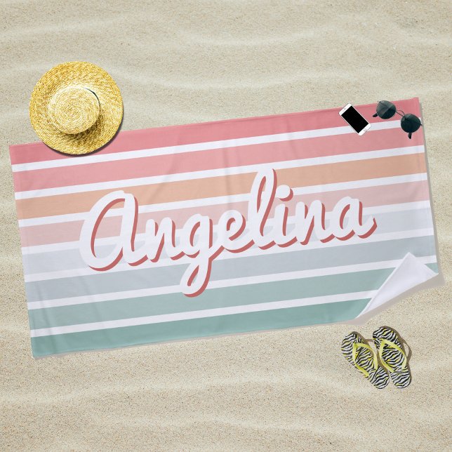 Retro Pink & Blue Stripe Personalised Name Beach Towel (Creator Uploaded)
