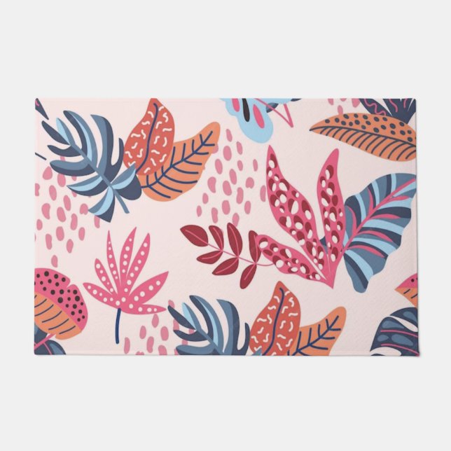 Retro Pink & Blue Tropical Leaf Pattern Outdoor Doormat (Front)
