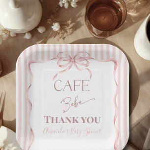 Retro Pink Bow Cafe Bebe Girl Coffee Baby Shower Paper Plate