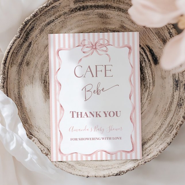 Retro Pink Bow Cafe Bebe Girl Coffee Baby Shower Thank You Card (Creator Uploaded)