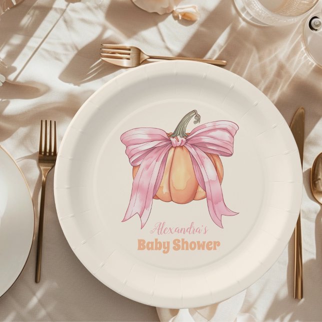Retro Pink Bow Pumpkin Baby Shower Paper Plate (Creator Uploaded)