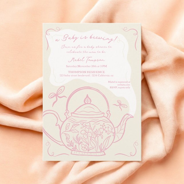 Retro pink bows teapot baby is brewing Baby shower Invitation (Retro pink bows teapot baby is brewing Baby shower Invitation)