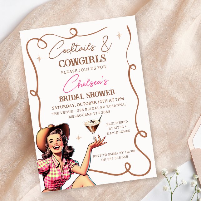 Retro Pink Brown Cocktails Cowgirls Bridal Shower Invitation (Cowgirl Bridal Shower Invitation Template, Cocktail and Cowgirls Bridal Shower Invitation Retro)