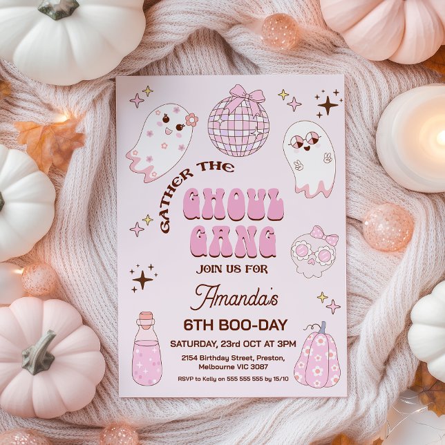 Retro Pink Brown Halloween Ghoul Gang Birthday Invitation (Ghoul Gang Invitation, Retro Pink Ghoul Gang Halloween Birthday Invitation, Groovy Ghosts Ghoul Gang)