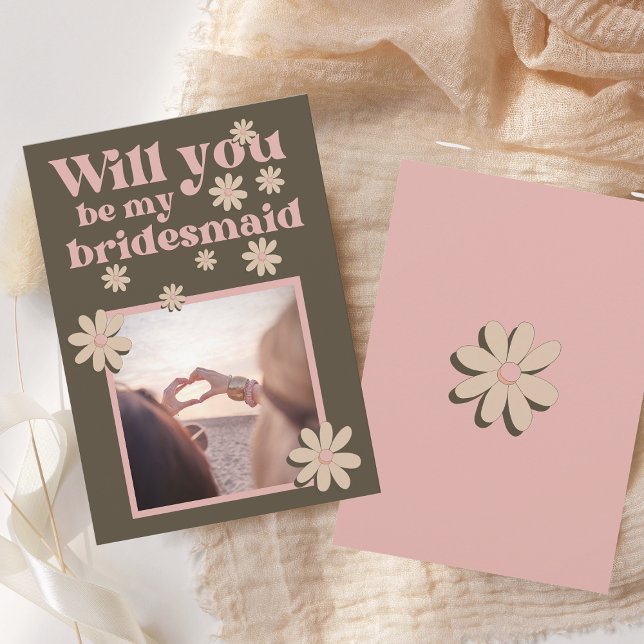 Retro Pink Brown Photo Groovy Bridesmaid Proposal Invitation (Creator Uploaded)