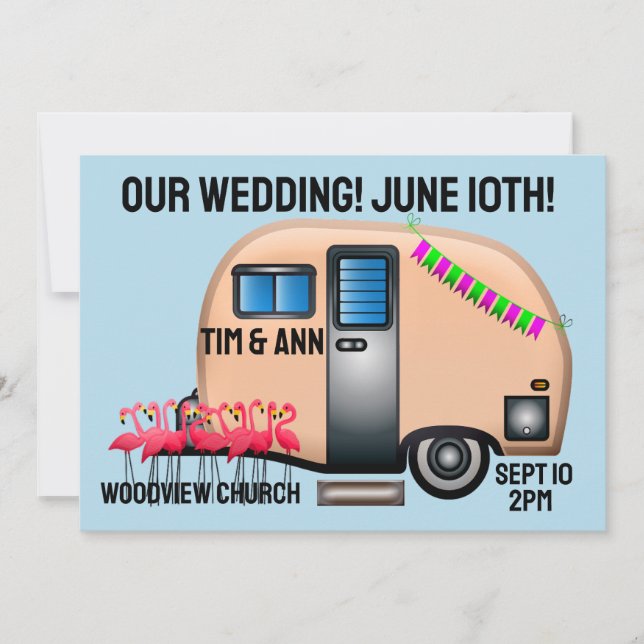 RETRO PINK CAMPER UNIQUE WEDDING INVITATIONS (Front)