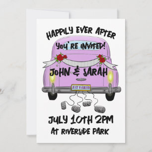 RETRO PINK CAR JUST MARRIED WEDDING INVITATIONS