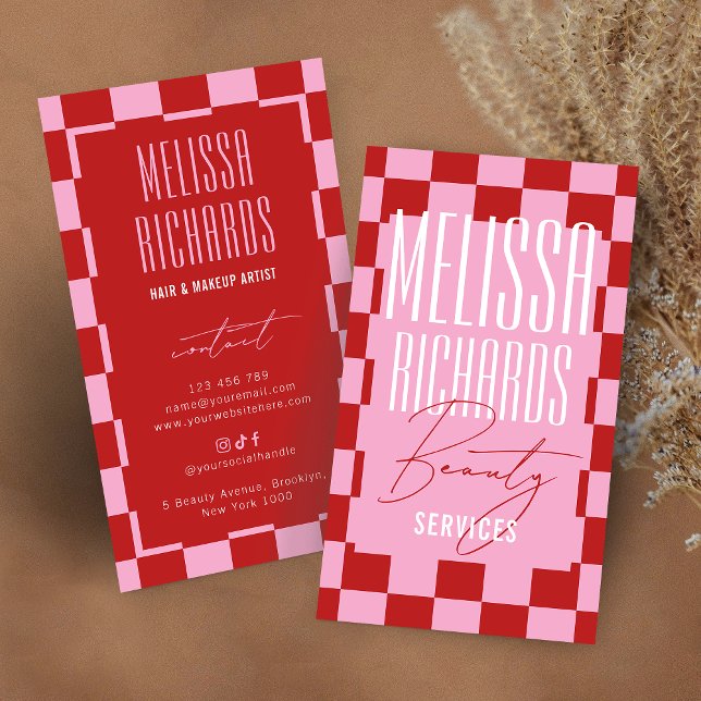 Retro Pink Checkered Aesthetician Lashes Salon Business Card (Creator Uploaded)