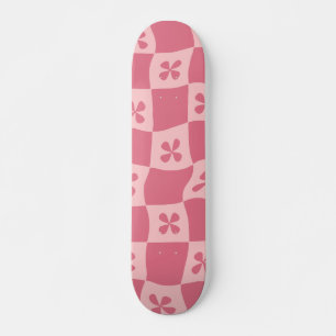 Retro Pink Checkered Floral Pattern Skateboard