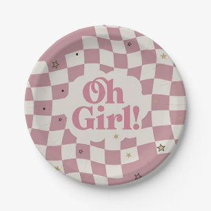 Retro Pink Checkered Oh Girl Baby Shower Paper Plate