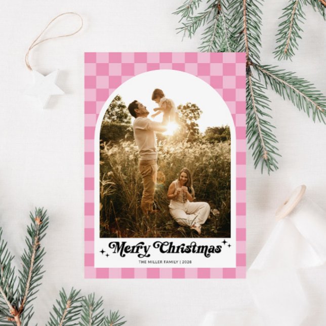 Retro Pink Chequered Arch Family Photo Holiday Card (Retro Pink Checkered Family Photo Christmas Card)