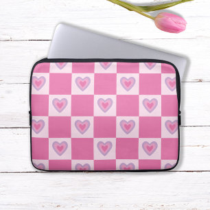 Retro Pink Chequered Chequered Heart Pattern Laptop Sleeve
