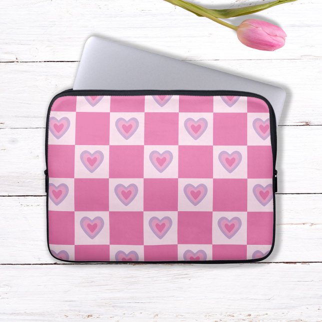 Retro Pink Chequered Chequered Heart Pattern Laptop Sleeve (Creator Uploaded)