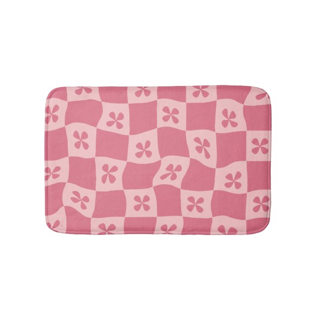 Retro Pink Chequered Floral Pattern Bath Mat (Front)