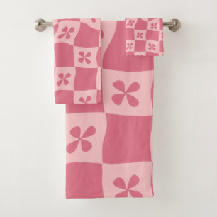 Retro Pink Chequered Floral Pattern Bath Towel Set