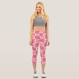 Retro Pink Chequered Floral Pattern Capri Leggings