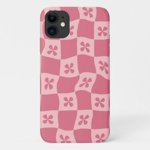 Retro Pink Chequered Floral Pattern iPhone 11 Case
