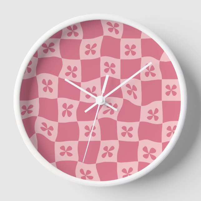 Retro Pink Chequered Floral Pattern Clock (Front)