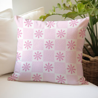 Retro Pink Chequered Floral Pattern Cushion