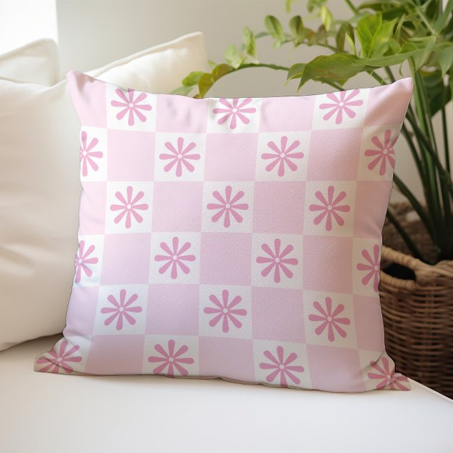 Retro Pink Chequered Floral Pattern Cushion (Creator Uploaded)