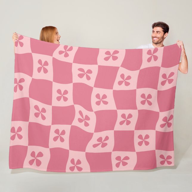 Retro Pink Chequered Floral Pattern Fleece Blanket (In Situ)