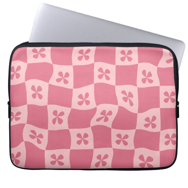 Retro Pink Chequered Floral Pattern Laptop Sleeve (Front)