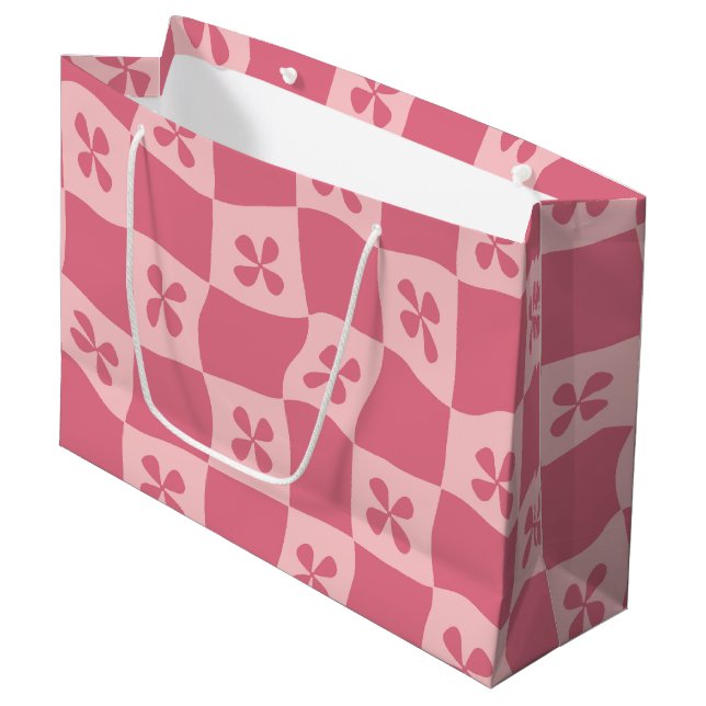 Retro Pink Chequered Floral Pattern Large Gift Bag (Front Angled)