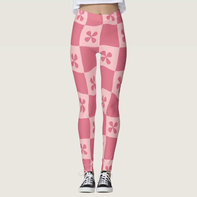 Retro Pink Chequered Floral Pattern Leggings (Front)