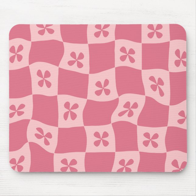 Retro Pink Chequered Floral Pattern Mouse Mat (Front)