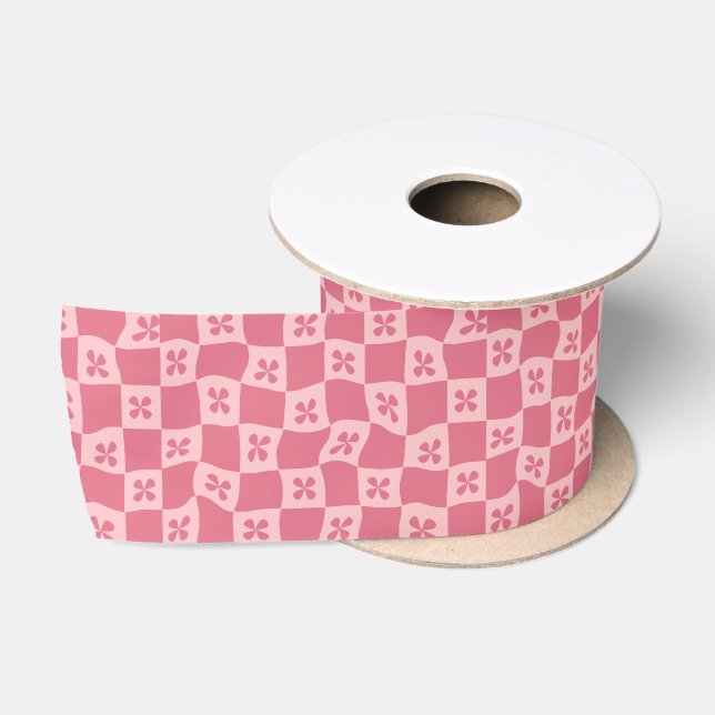 Retro Pink Chequered Floral Pattern Satin Ribbon (Spool)