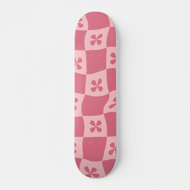 Retro Pink Chequered Floral Pattern Skateboard (Front)