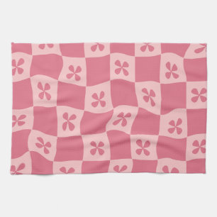 Retro Pink Chequered Floral Pattern Tea Towel