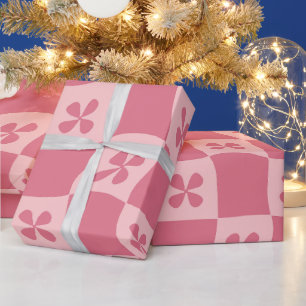 Retro Pink Chequered Floral Pattern Wrapping Paper