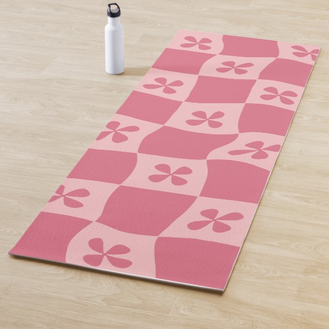 Retro Pink Chequered Floral Pattern Yoga Mat (In Situ)