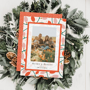 Retro Pink Christmas Lights Holiday Photo Card