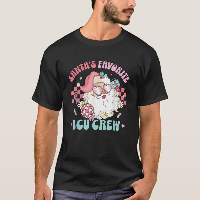 Retro Pink Christmas Nurse Santa s Favourite ICU N T-Shirt (Front)