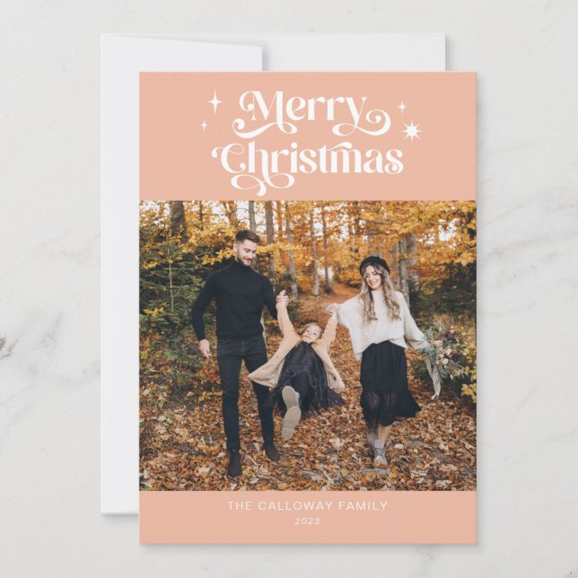 Retro Pink Christmas Photo Holiday Card (Front)