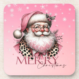 Retro Pink Christmas Santa Claus Beverage Coaster