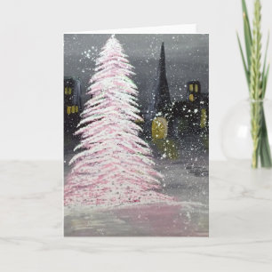 Retro Pink Christmas Tree on a City Square Holiday Card