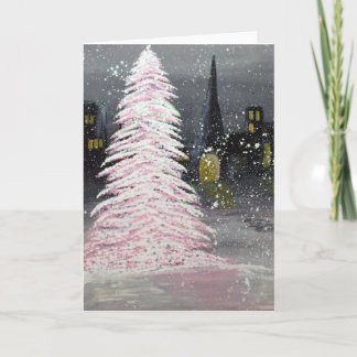 Retro Pink Christmas Tree on a City Square Holiday Card