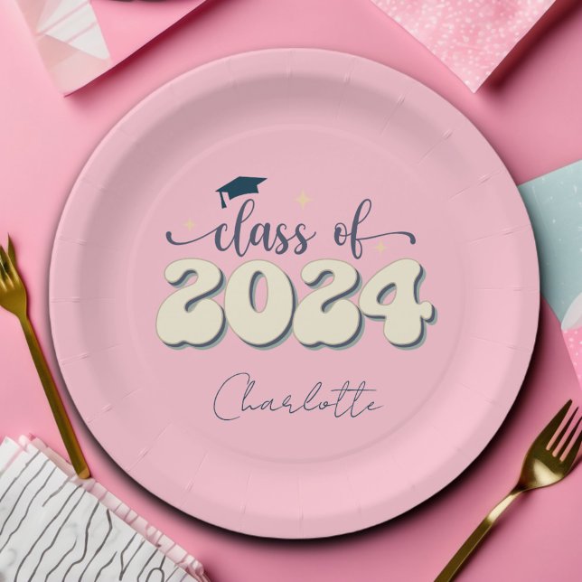 Retro Pink Class Of 2024 Graduation Paper Plate (Creator Uploaded)