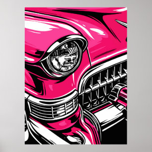 Retro Pink Classic Car Front Pop Art Illustration Poster