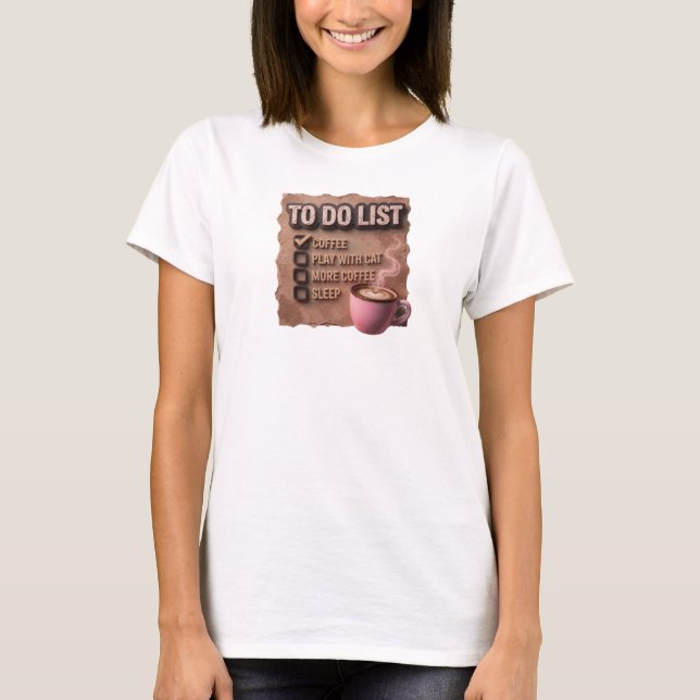 Retro Pink COFFEE PLAY WITH CAT Visual Design T-Shirt (Front)