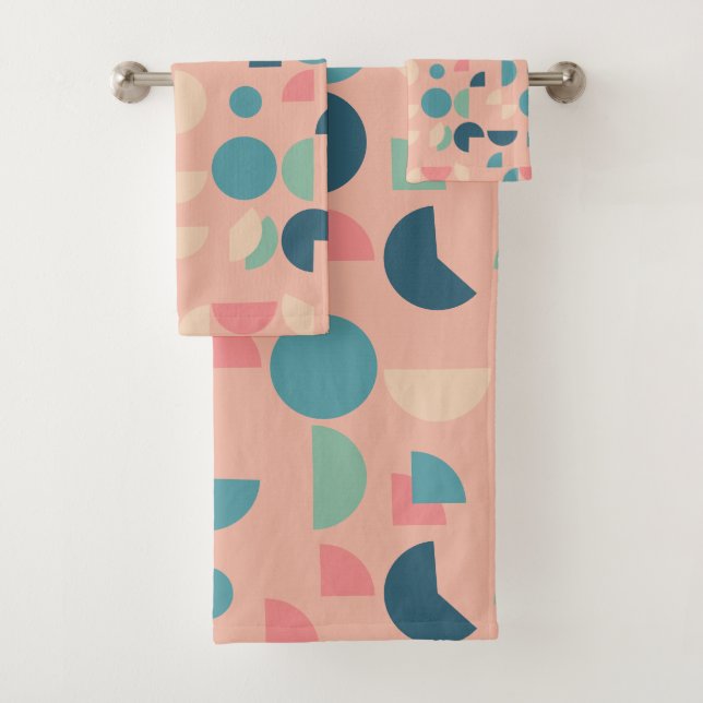 Retro Pink Colourful Modern Geometric Tribal Bath Towel Set (Insitu)