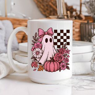 Retro Pink Coquette Ghost Girl with Bow Halloween Coffee Mug
