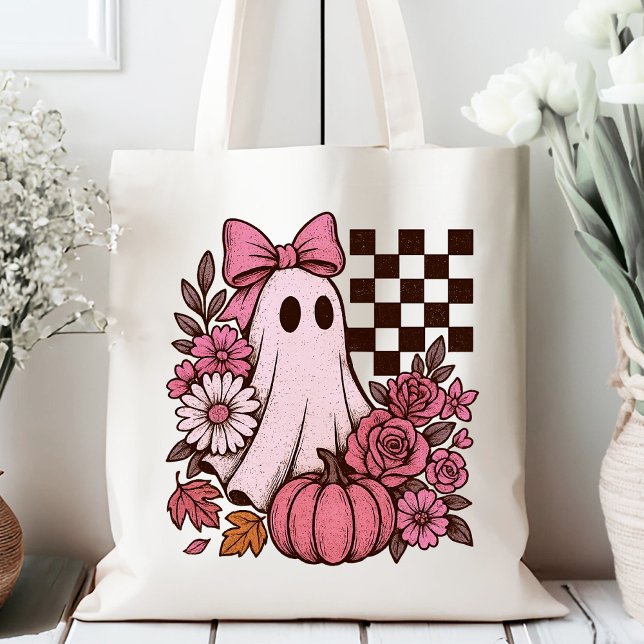 Retro Pink Coquette Ghost Girl with Bow Halloween Tote Bag (This coquette ghost retro Halloween design combines floral sweetness with spooky spirit.)