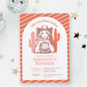 Retro Pink Cowgirl Disco Ball Birthday Party Invitation